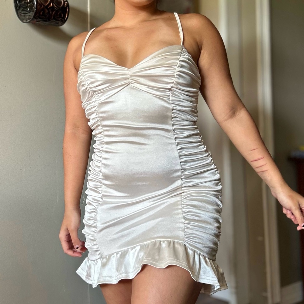 Steps NY Ruched Silk Mini Dress
